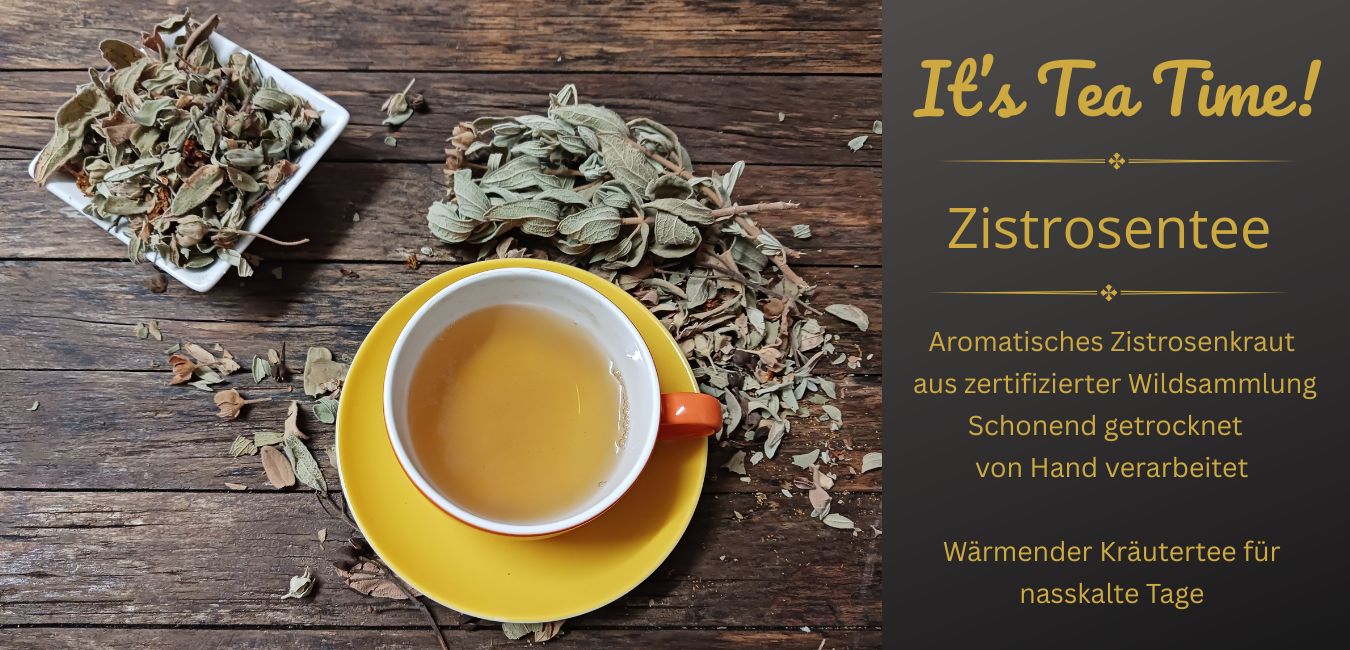 Teetasse mit Zistrosentee und gerebeltem Zistrosenkraut als Dekoration